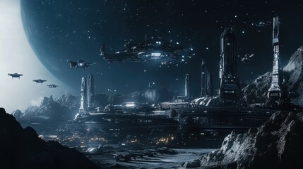 Space station orbiting a distant planet with futuristic ships flying in the night sky