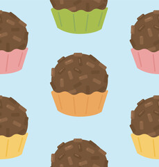 Brigadeiro seamless pattern illustration. Baby blue background brazilian dessert repeat design vector.