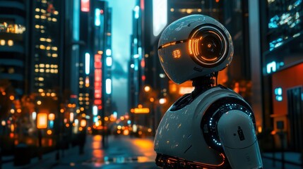 Robot stands in bustling city street at night with neon lights illuminating the background and people walking around