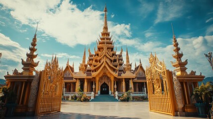 Fototapeta premium Magnificent golden temple in a serene landscape showcases intricate architecture under a blue sky
