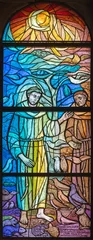 Fotobehang FLORENCE, ITALY - MARCH 21, 2025: The St. Francis of Assisi Preaching to the birds on the modern stained glass in the church Chiesa di San Francesco by P. Alberto Farina from year 1994. © Renáta Sedmáková