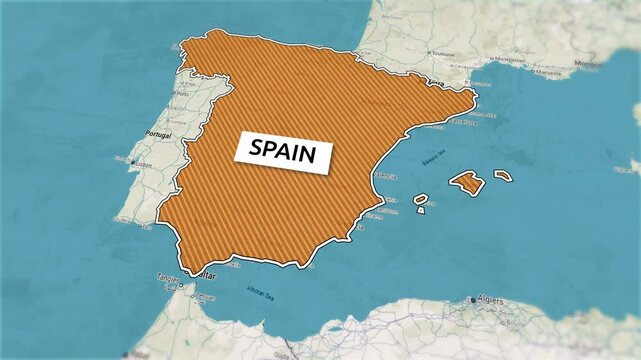 Borders of the state of Spain on the map. Country Spain on the map is highlighted by a polygonal border. Map animation. From above zooming in with panoramic view