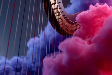 Elegant harp strings enveloped in vibrant pink and purple smoke