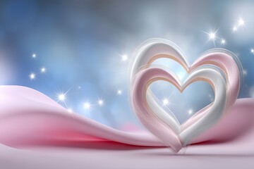 Dreamy pink and white heart-shaped ornament with sparkling stars and soft pastel background