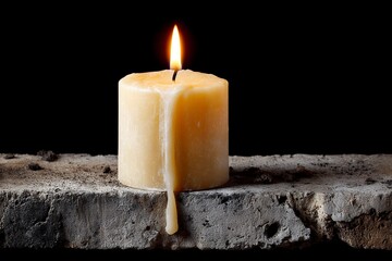 Melting candle on stone surface against black background