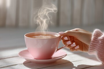 Female hand with manicured nails holding pink cup of steaming coffee on table