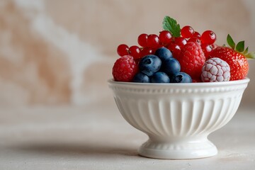 Fresh mixed berries in elegant white bowl on rustic background
