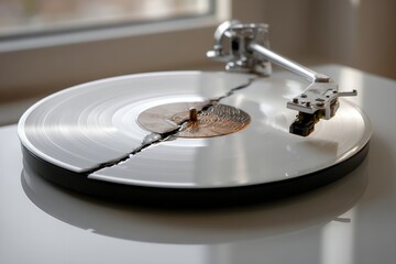 Cracked white vinyl record on turntable near sunlit window