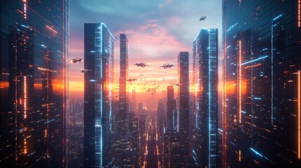 Fototapeta premium Futuristic cityscape at dusk with flying vehicles and vibrant neon lights illuminating towering skyscrapers