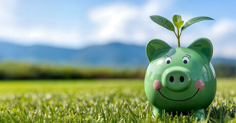 Tirelire cochon vert dans l'herbe, concept d'investissement dans l'écologie, bannière avec espace vide pour du texte