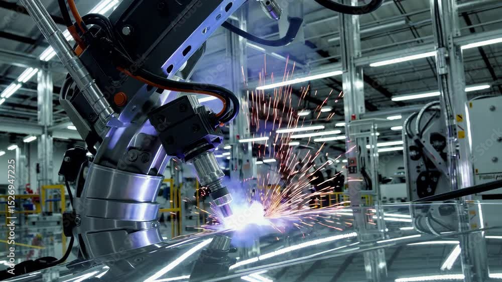 Poster dynamic visual sequence capturing sparks from welding robots in an automotive manufacturing plant, h