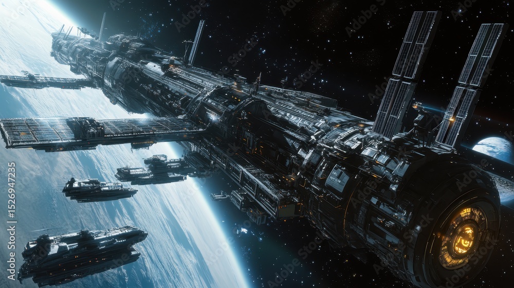 Poster futuristic space station orbiting a distant planet with intricate structures and glowing lights duri