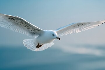 Graceful seagull soaring over ocean against clear blue sky