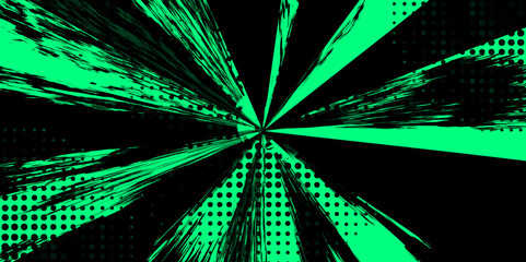 Abstract Dynamic Grunge Halftone Comic Explosion Burst in Green and black.
