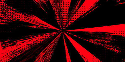 Abstract Dynamic Grunge Halftone Comic Explosion Burst in Red and black.