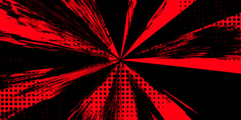 Abstract Dynamic Grunge Halftone Comic Explosion Burst in Red and black.