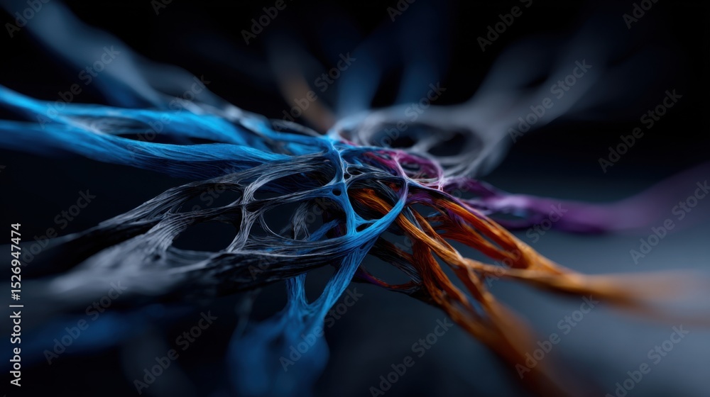 Poster complex strands of vibrant colors intertwine in a dark setting, creating a mesmerizing abstract repr