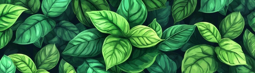 Lush Green Leaves Pattern with Bright Center Highlights, Dark Background, Organic Texture, Glossy Surface, Nature-Inspired Illustrative Design for Backgrounds, Packaging and Eco-Themed