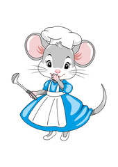 Laughing chef mouse with a ladle in her hand