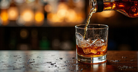 Elegant Japanese Whisky Poured into Crystal Glass on Dark Wood Bar - Ideal for Luxury Beverage Marketing and Upscale Promotions