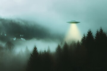 Mysterious ufo hovers over foggy forest with beam of light in misty atmosphere