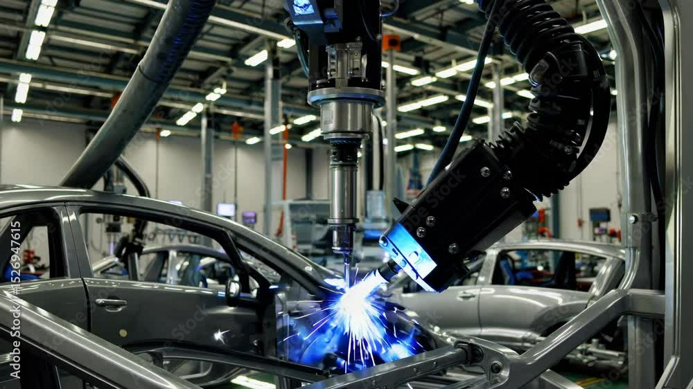 Poster dynamic visual sequence capturing sparks from welding robots in an automotive manufacturing plant, h
