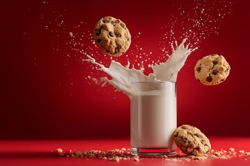 Dynamic cookie splash with milk against vibrant red background