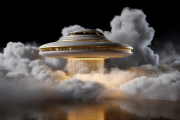 Gold-encrusted ufo hovering amidst mystical clouds with a dramatic glow