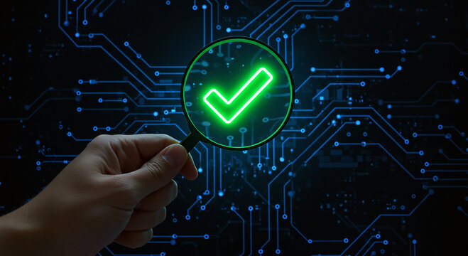A hand holds a magnifying glass revealing a glowing green checkmark against a circuit board background. This image symbolizes successful verification, data security, or technological approval.