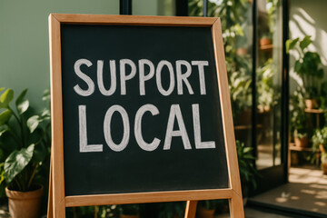 Chalkboard sign promoting support for local businesses in front of modern plant filled shop entrance on a sunny day