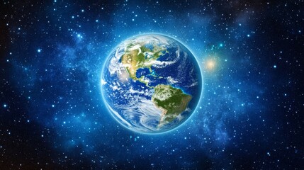 Obraz premium Stunning realistic Earth planet in space with illuminated continents and cloud cover, surrounded by vibrant stars and cosmic nebulas, showcasing advanced detailed textures, deep blue
