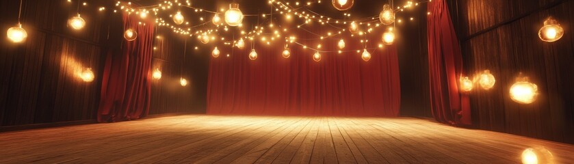 Stunning wide-angle view of an empty theater stage with a vibrant red velvet curtain backdrop, warm glowing string lights and vintage Edison bulbs hanging overhead, dark wood paneling