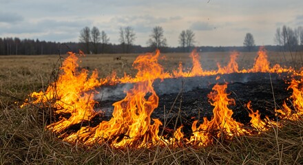 A Rolling Grassland Fire Consumes the Dry Landscape Under a Gloomy Sky, Evoking a Sense of Desperation and Natural Disaster Amidst a Striking Display of Flames.