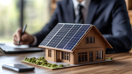 Homme d'affaire faisant un étude de rentabilité des panneaux solaire photovoltaïque, maquette de maison sur bureau en bois