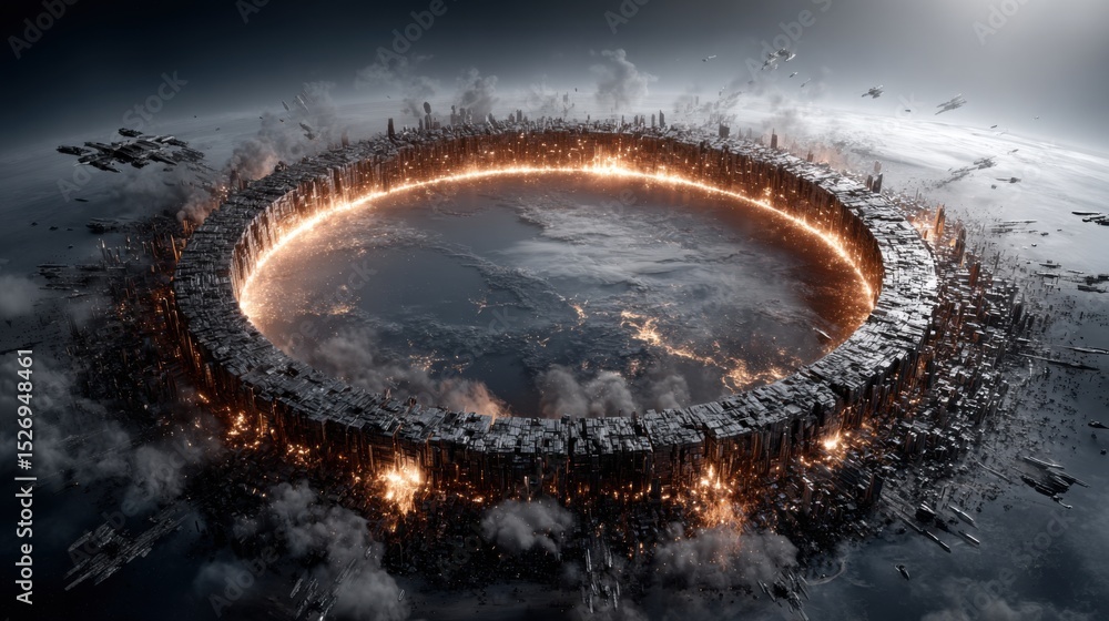 Aufkleber a sprawling, futuristic city with a colossal circular structure surrounded by fiery illumination. ad