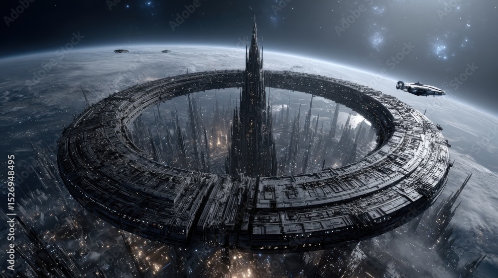 Aufkleber a colossal space station, featuring a circular structure and a prominent spire, orbits a colorful pl