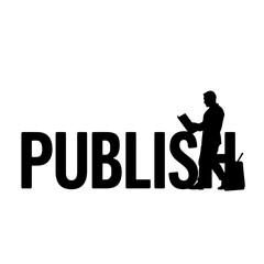 Silhouette of copywriter with publish lettering and edit tools, content creation