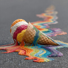 Obraz premium Colorful melted ice cream cone spills vibrant rainbow on asphalt surface during sunny day