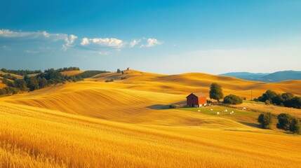 Obraz premium Serene landscape features a red barn in a golden wheat field under a clear blue sky with distant mountains