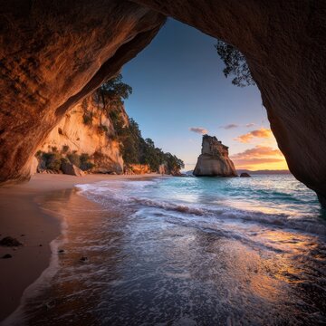 A stunning view from inside a cave overlooking the beautiful beach and ocean with an island during the sunset