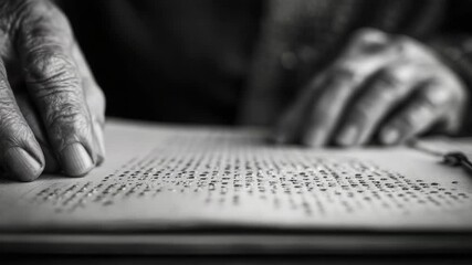 An elderly person's hands are carefully reading braille, conveying patience and detail.