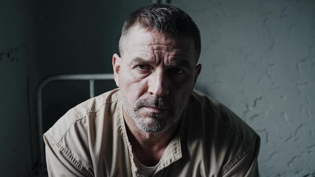 Somber Portrait of Prisoner Behind Bars