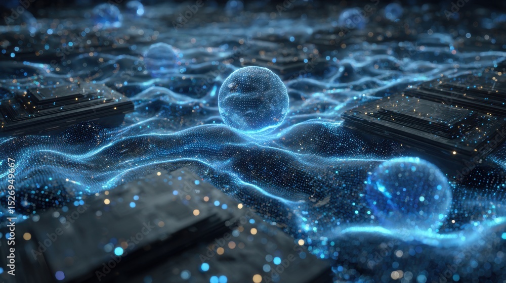 Fototapete Glowing orbs float above a dark, textured surface, creating a mesmerizing display of light and movement in a digital landscape. The scene evokes a sense of wonder and technology.