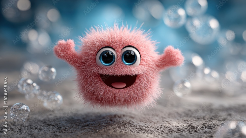 Poster a cheerful pink fuzzy character with large blue eyes and an engaging smile bounces happily amidst fl