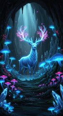 Enchanted Glowing Deer in a Mystical Cave with Bioluminescent Mushrooms and Crystals