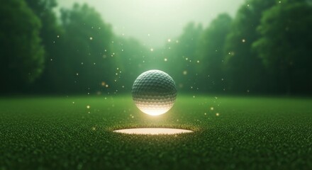 Magical Golf Ball Hovering Above the Putting Green in a Misty Forest