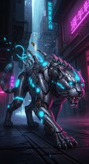 Cyberpunk Robotic Panther Prowling Neon City Streets