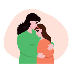 Mother hugs daughter, supports her. Women of different generations together with love. Vector flat graphics.