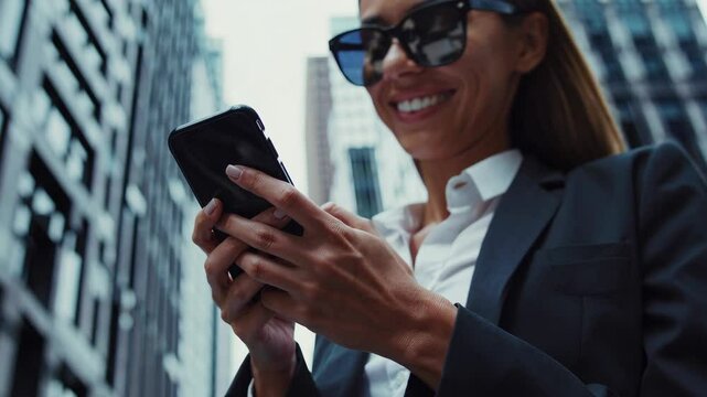 Elegant visuals of businesspeople smiling and texting on smart phones, walking through busy streets lined with corporate buildings, showcasing urban professional success - Powered by Adobe