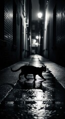 Silhouette of a Black Cat Walking Down a Dark, Rainy Alleyway at Night